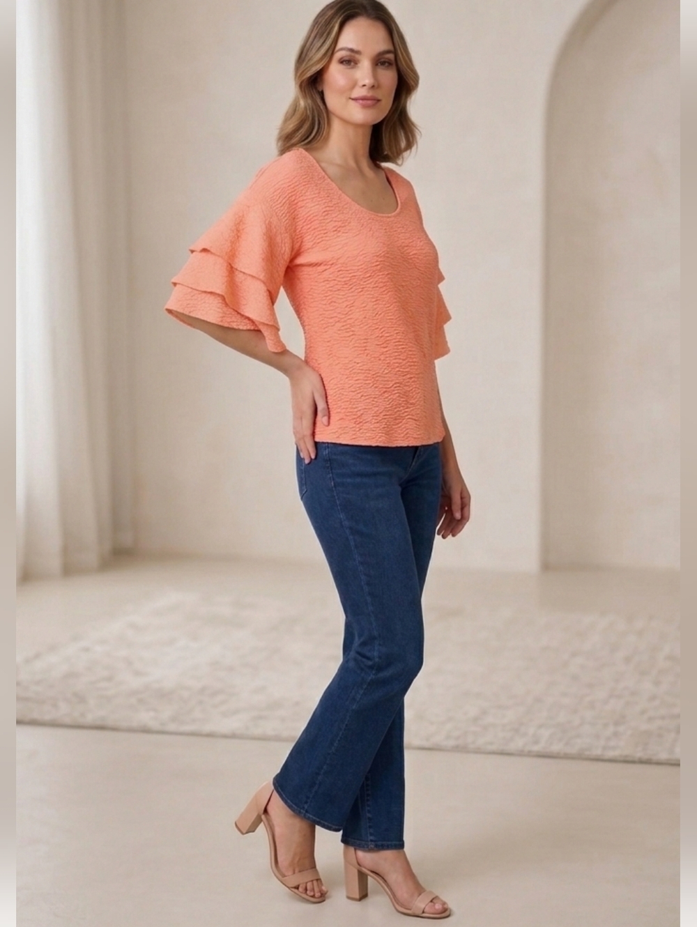 5/$25 Calvin Klein size S Dressy/Flirty Blouse Melon/Peach Textured